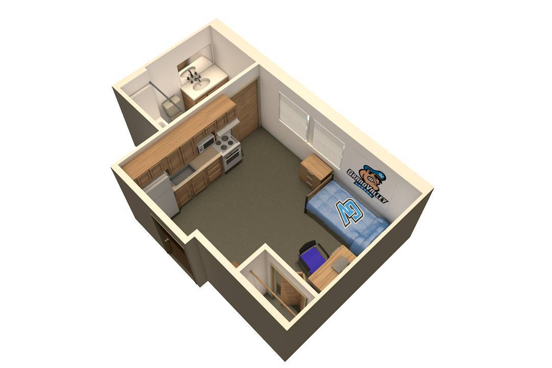 1-Person Efficiency Apartment layout with a bedroom, closet, kitchen, and bathroom.